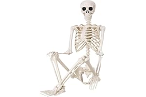 QUSTGO 2.95 ft Halloween Skeleton - 90cm Life Size Human Skeleton with Full Body Posable Joints - Spooky Scary Plastic Skeleton for Outdoor Decoration, Halloween Party Decor, Haunted House Props
