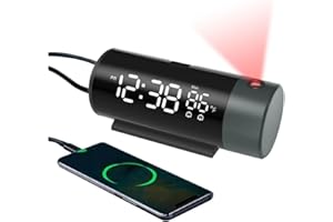 FanJu Digital Projektionswecker mit Temperatur und Zeit-Projektion, für Schlafzimmer, mit USB-Anschluss,Helligkeit automatisch einstellen, 12/24H, Zwei Wecker mit Schlummer.