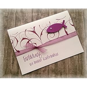 Einladung Einladungskarte Kommunion Konfirmation Firmung Taufe Fisch dunkelrot brombeer beere dunkel pink