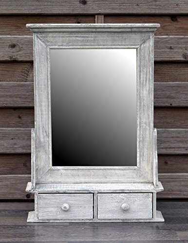 Bezaubernder Wandschrank Hängeschrank Küchenschrank Spiegelschrank Badspiegel Spiegel Wandregal und 2 Schubladen Grau/Weiß Landhaus Vintage Shabby Chic – 43,5x62cm - 2