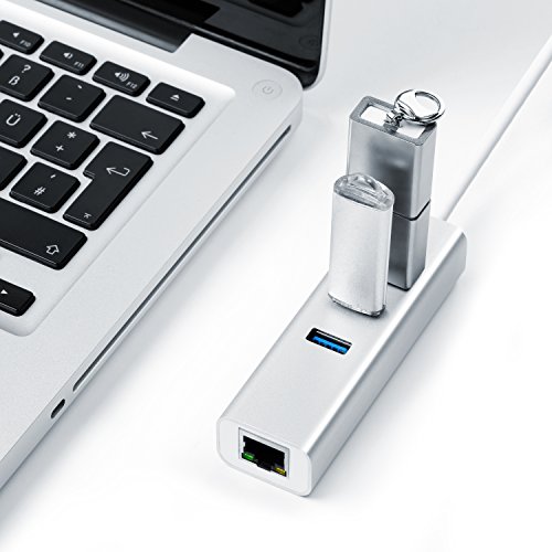 CSL USB 3.0 3-Port Hub inkl. Gigabit Ethernet LAN / Netzwerkadapter (RJ45) | Super Speed bis zu 5 Gb/s | 3 Port Hub (Verteiler) inkl. Power-LED | Gigabit-LAN 10/100/1000 Mbit | Windows, Linux und Mac | silber (Aluminium – Gehäuse) - 2