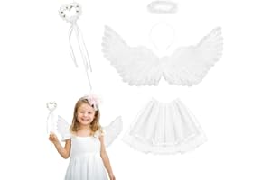 FENYW Engel Kostüm Kinder, Engel Kostüm Damen Weiße, mit Heiligenschein und Zauberstab, 60CM Engel Flügel Weiß, Engelsflügel Deko Kostüm für Cosplay Party Halloween Karneval Fasching Kostüme