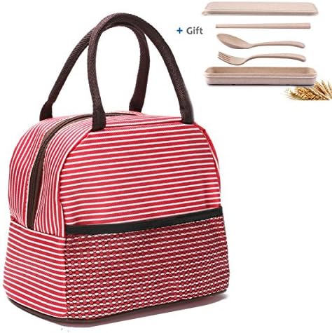 [Unique Design] Gridding Lunch bag - Insulated Lunch with Gift Flatware Set, Portable Lunch Organizer High Quality Tote Bag (Red)