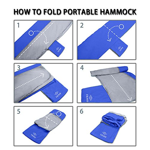 Camping Hängematte, FILWO Tragbare Hängematte für Outdoor Indoor Reise Garten Strand, Große Hängematte 270 x 140CM Tragfähigkeit bis zu 300KG 660LB für 1 oder 2 Erwachsene Doppel Hängematte (Royalblau + Grau) - 6