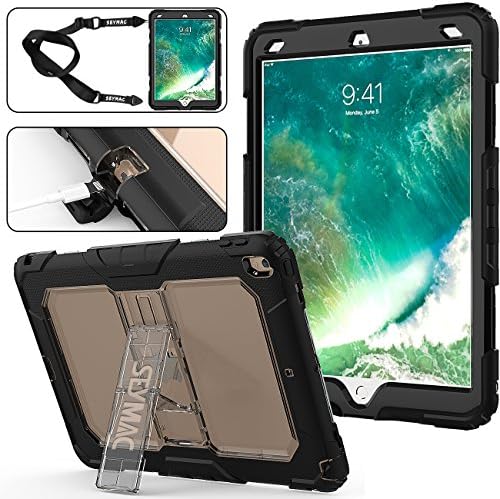 iPad Pro 10.5 Case, SAYMAC Three Layer Heavy Duty Soft Silicone Hard Bumper Kickstand Shockproof Protective Case with Adjustable Shoulder Strap for Apple iPad Pro 10.5 [a1701, a1709] (Clear/Black)