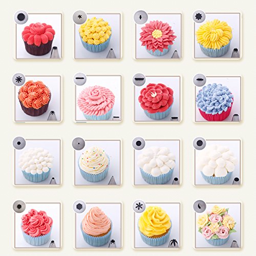 Oria Kuchen Spritztüllen Set, Professionelle 26 Stück Kuchen Einrichtungstipps, Hochwertigen Edelstahl Sahnehäubchen Rohrleitungen Düsen Gebäck Tipps mit 1 Wiederverwendbare Silikon Sahnehäubchen Tasche + 1 Standard Koppler + 1 Blume Nagel - 5