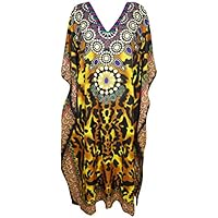 Mogul Interior Women Leopard Print Caftan Dress Yellow Maxi Kaftan Cover Up One Size