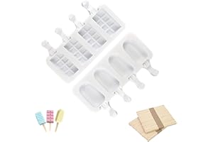 Atsmoce®2 Pcs Stampi per Gelato Silicone a 4 Cavità, Stampi per Ghiaccioli in Silicone, Formine Ghiaccioli Riutilizzabile Facile da rilasciare BPA Free, con 100 Bastoncini di legno (Ellisse e Griglia)