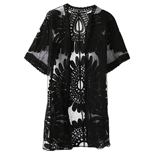 Preisvergleich Produktbild Lamdoo Strand vertuschen Blumenstickerei Bikini Bademode Damen Robe Cardigan Bathingsuit - Schwarz