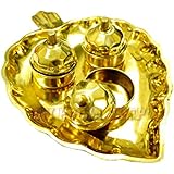 Om Pooja Shop Brass Leaf Shaped Thali with Haldi Kumkum Containers (Golden)