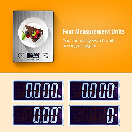 Topop Digitale Küchenwaage 11lb 5kg Gewichtskapazität 4 Maßeinheiten heller LCD-Schirm Silber Edelstahl - 3