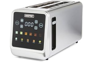 GEEPAS 5-in-1 DIGITAL 4 Slice Long Slot Toaster | Stainless Steel Housing, Extra Wide Slots LED Display & Timer | 6 Browning Level Cancel Defrost & Reheat Function Removable Crumb Tray | 1450W Silver