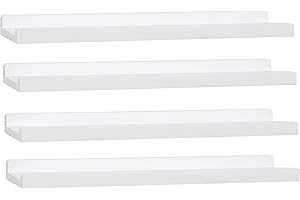 PHOENANCEE Solid Wood, 60cm Wooden Picture Ledge Shelf, Photos Display Shelf, Long Decorative Floating Shelves With Lip For Living Room,Kitchen,Bedroom, Set of 4, Rustic White