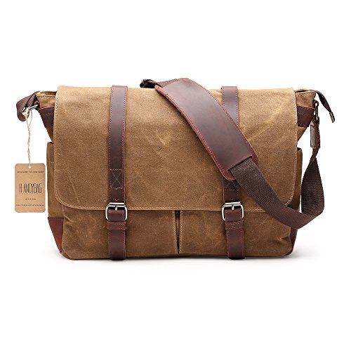 Messenger Bag H-ANDYBAG Waxed Canvas Herren Umh  ngetasche Passt 15 Zoll Laptop  Khaki 