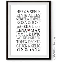 ABOUKI Traumpaar "Liebe" - Berühmte Paare, personalisierter Kunstdruck - ungerahmt - Fine-Art-Print, Typografie, Poster, Bild, Druck als Geschenk-Idee zum Geburtstag, Valentinstag, Jahrestag, Hochzeit, Heirat, Verlobung, Ehe, Gastgeschenk