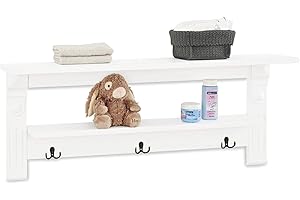 PINOLINO Etagère Murale 'Emilia'; Mat Noble : MDF uni, laqué Blanc, L 100 cm, P 18 cm, H 40 cm, avec moulures décoratives élaborées, 3 Crochets à vêtements