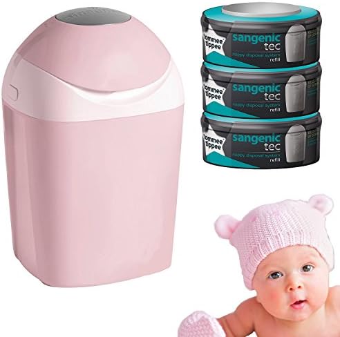 Nappy Bin Starter Kit BUNDLE – Pink Tommee Tippee Sangenic Nappy Disposal System -Includes 3 x Sangenic Tec Compatible Cassette Refills + 1 x Pink Sangenic Tec Nappy Disposal Bin Tub – Perfect for Baby Girl
