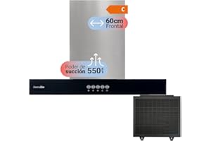 UNIVERSALBLUE Campana Extractora 60 cm Decorativa con Frontal en Cristal Negro | Potencia 550 m³/h | Extractor de Humos Eléctrico | Campana Extractora T de Pared para Cocina