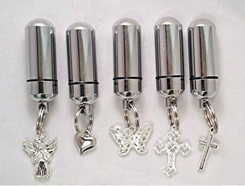 Assortment of FIVE Silver Cremation Urn Keepsake/Keychains - Angel / Crosses / Heart / Butterfly - Includes 5 Velvet Pouches & Fill Kit