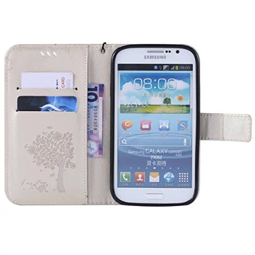 Samsung Galaxy Grand Neo Plus I9060 Hülle Golden im Retro Wallet Design,Cozy Hut Samsung Galaxy Grand Neo Plus I9060 Hülle Leadertasche Premium Lederhülle Flip Case im Bookstyle Folio Cover Kartenfächer Magnetverschluss und Standfunktion Leder Schale Etui für Samsung Galaxy Grand Neo Plus I9060 / I9082 5.0 Zoll Handytasche Schutzhülle Katzen und Bäume Muster – golden - 3