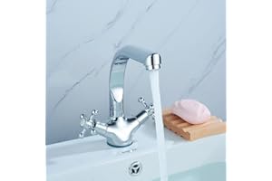 KENSYUINT Double Lever Basin Mixer Tap Two-Handle Basin Mixer Tap Retro Cross Bathroom Mixer Tap Silver Washbasin Tap Two-Handle Mixer Tap Brass Core Chrome
