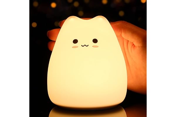 Tremdwoto Veilleuse pour enfants, jolie lampe de nuit alimentée par piles pour chambre d'enfant, veilleuse portable en silicone souple, cadeau d'anniversaire pour filles et garçons (Chat-Batterie)