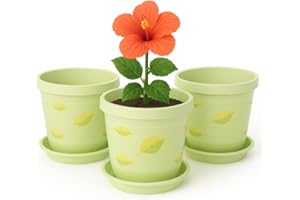Home Garden Ornaments Plant Pots Indoor Outdoor Decorative Plastic Flower Pots with Saucer, Pistachio Green Leaves Pattern – Set of 3, Indoor Plant Pot (15 cm / 5.9 inch)