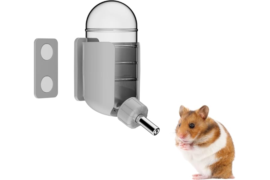 Hamster Water Bottle with Magnetic Holder, Freestanding Water Bottle for Glass Tanks, Suitable for Syrian Dwarf Hamsters Gerbils Mice Rats Degus (Grey, 120ml (Magnetic-Mounted))