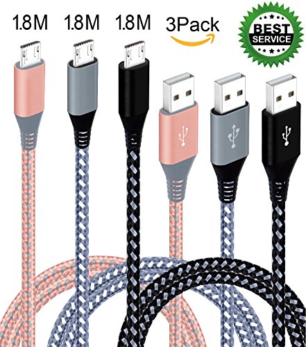Micro cable 3Pack 1.8M, Xinfaxin Premium Nylon Braided USB Charging Cables for Samsung, LG, Motorola, Nexus, HTC,Sony, Android Devices and More (Rose Gold gray,gray white,black white)