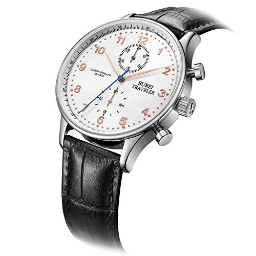 BUREI Beilufig Herren Chronographenuhr in Analoge mit schwarzem Uhrenlederband und Rose goldenen Rmischen Ziffern und Uhrenzeiger BUREI Beilufig Herren Chronographenuhr in Analoge mit schwarzem Uhrenlederband und Rose goldenen Rmischen Ziffern und Uhrenzeiger