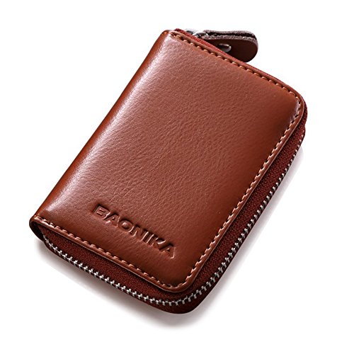 Baonika RFID Cartera Tarjetero Cremallera de Cuero Genuino Portatarjetas Monedero de Espacio 9 Tarjetas (Marrón)