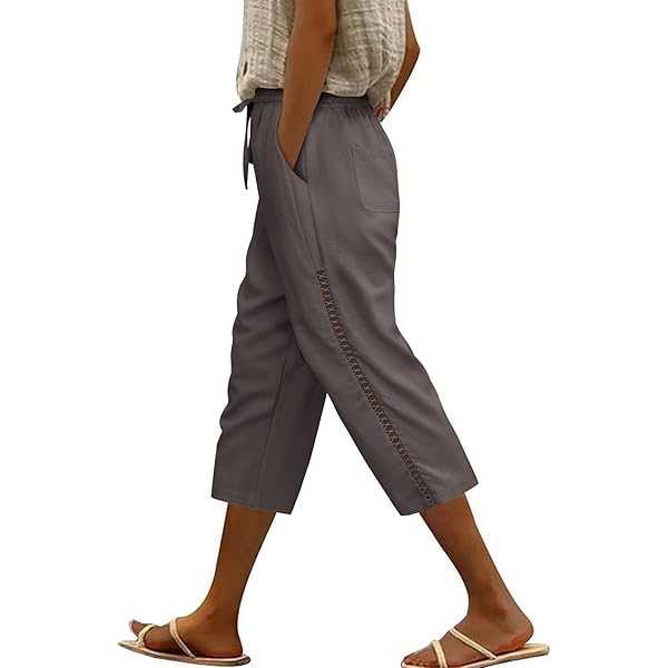 Pantacourt Lin Femme Ete Fluide DéContracté Taille Elastique LéGer Avec Poches Grande Taille Ample Pantalon De Jogging à Cordon Couleur Unie 3/82 Pantacourt Confortable Pants De Plage