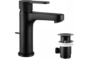 Wasserhahn Bad Schwarz | CECIPA Wasserhahn mit Zugstange,Keine schmutzigen Hände,Waschtischarmatur Enthalten Ablaufgarnitur Waschbecken,Waschtischarmatur Schwarz-MIRAS-B