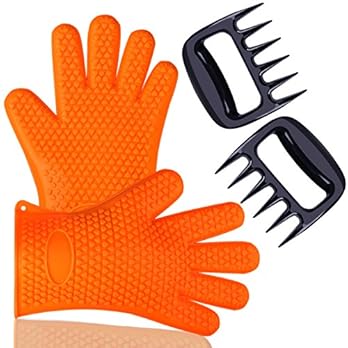 Blumads Silikon Grill Pulled Pork Krallen Handschuhe Mit Fleisch Aktenvernichter Hitzebestndig Fr Grillen Kochen Rauchen Schutz Passform Fr Bbq Fleisch Turner Oder Ofen Handschuhe Orange