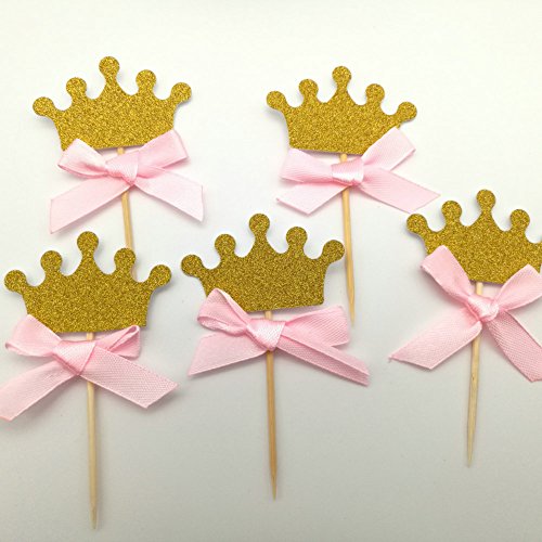 dooxoo handgefertigt Glitzer Krone Cupcake Topper Geburtstag Party Kuchen Topper Geburtstag Kuchen Dekorationen – Gold Pink Bow - 3