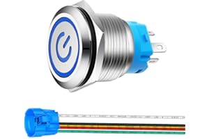 Gebildet 0.87''/22mm Stainless Steel Latching Push Button Switch 12V-24V 5A Power Symbol LED 1NO1NC SPDT ON Off Waterproof Toggle Switch with Wire Socket Plug (Blue LED)