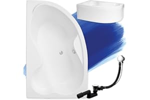 POLIMAT BADLAND Badewanne Original Weiß Acryl Wanne Eckbadewanne MEGA 160x105 Links KOMPLETTSET SET mit Weiß Acrylschürze + Füßen und Exklusive Chrom Automatik Ablaufgarnitur Made in EU 4in1