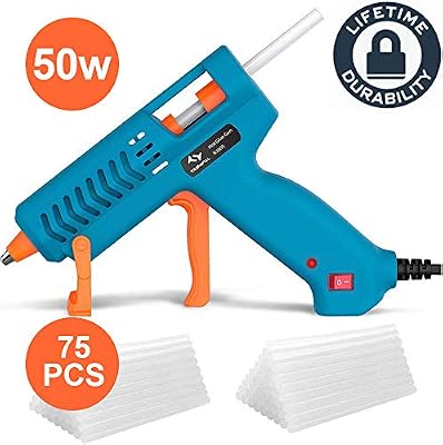 Tilswall Pistolet à Colle Chaude 75pcs Bâtons(7 mm) Chauffrage Rapide et Sûr Pistolet à Colle 50W, Anti écoulement pour Réparation,Artisanat,DIY,Maison,Bricolage,Bureau-Bleu