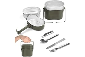 Kleemeiero Bundeswehr Essgeschirr set Hitzebeständig Camping Kochgeschirr Outdoor alu Kochgeschirr Survival Kochset Bund Besteck mit Klappbarem Henkel Essgeschirrset Essbesteck für Reisebesteck