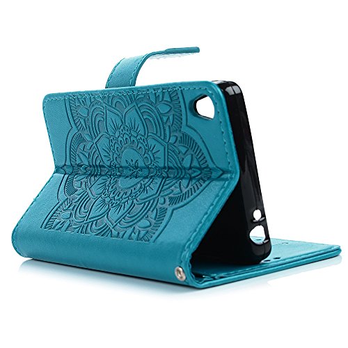 Lanveni Lederhülle Leder Tasche für Sony Xperia E5 Hülle Windspiele Muster Design Case Cover Bookstyle Brieftasche Card Slot Handy Schutzhülle Back Cover (Blau) + 1 x Stylus Pen + 1 x Staubdichte Stecker - 7