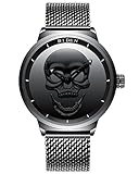 Herren Uhr 3D Luminous Schädel Totenkopf Uhr Skull Punk Rock Analoge Quarzuhr Edelstahl Mesh Armband Uhr