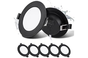 Grebeam Lot de 5 Spots LED Encastrables, 5W, Noir, Spot Salle de Bain, IP44, Ultramince 25 mm, Blanc Froid 6000K, Trous Ø75-90mm, Spot LED Extérieur Rond, AC 220V-240V, pour Cuisine Salon Chambre
