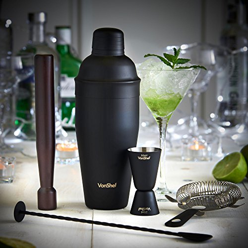 VonShef Edelstahl Manhattan Cocktail Set mit gedrehtem Barlöffel, Hawthorne-Sieb, 25ml/ 50ml Messbecher, Holz-Stößel, 550ml Shaker & Rezeptbuch – Matt Schwarz, Zwei Jahre KOSTENLOSE Gewährleistung - 2