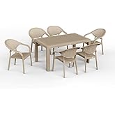 90 x 150 Bambu Plastik Rattan Camsız Bah&ccedil;e Balkon Teras Masa Sandalye Takımı 6 Kol&ccedil;aklı Sandalyeli (Krem)