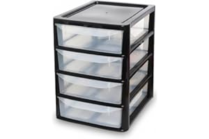 Khanary Plastic Storage Drawer A4 Storage Box Multipurpose Organizer Office Desktop Tabletop Counter School Bedroom Garage Kids Room Vanity organizer Black/Silver-Clear (Black Clear, 4 Tier Small)