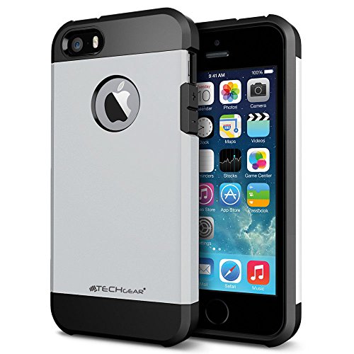 TECHGEARÂ® Apple iPhone 5s, iPhone 5, iPhone SE [TOUGH ARMOURED] Dual-Layer Slim Protective Case with Cut-Out for Logo (SILVER)
