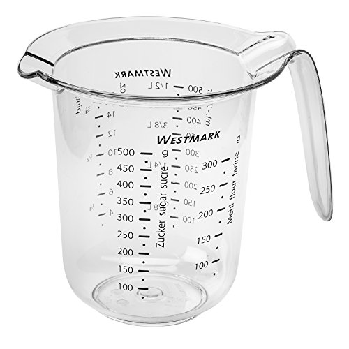 Westmark Messkanne mit mehrsprachigen Messskalen und verschiedenen Maßeinheiten, Füllvolumen: 0,5 Liter, Kunststoff, Transparent, 30642270