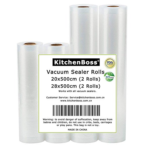 KitchenBoss Bolsas de Vacio 4 Rolls 20x500 y 28x500cm, Rollos de la Bolsa en Relieve de Grado Comercial para el Ahorrador de Alimentos y Sous Vide Cocina,Aprobación de la Fda y BPA Free