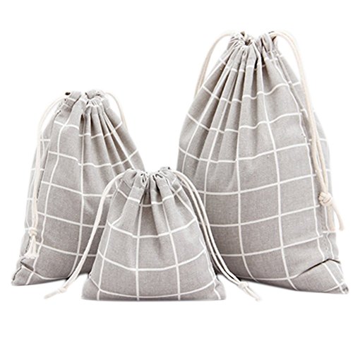 Lubier Sac Coton Pochon Tissu Conception de Grille Voyage en Plein air Sac de Rangement-Gris (3pcs)
