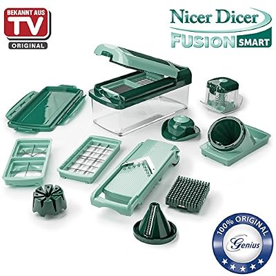 Genius Nicer Dicer Fusion Smart | Set de 16 pièces | Appareil découpe-légumes | Trancheuse | Mandoline | Julienne | Cubes | Tranches | Bâtonnets | TV | Neuf